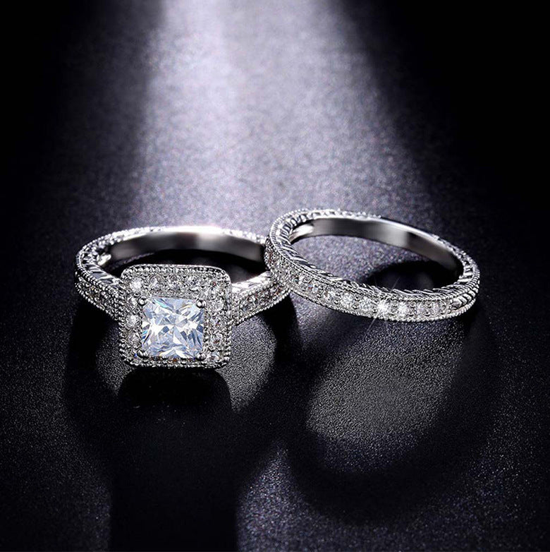 Sier-plated Diamond Fashion Luxury Couple Square Rings