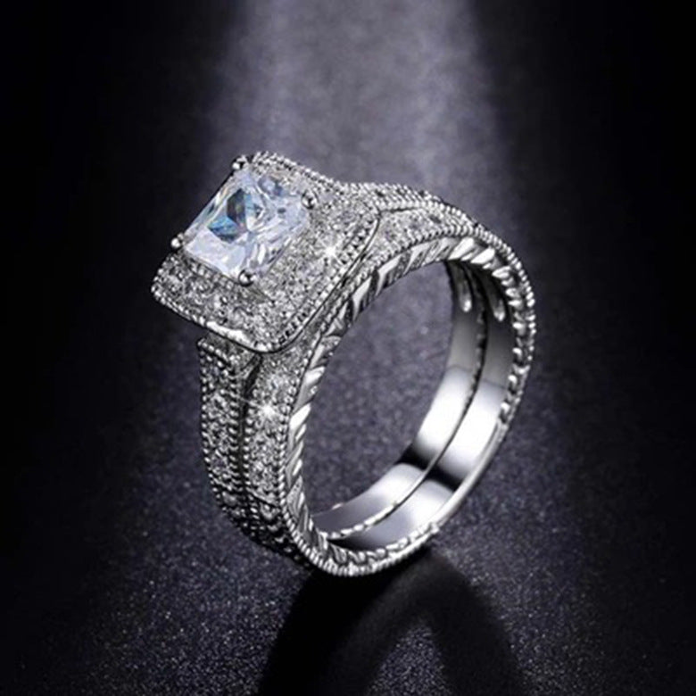 Sier-plated Diamond Fashion Luxury Couple Square Rings