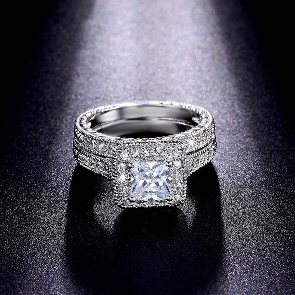 Sier-plated Diamond Fashion Luxury Couple Square Rings