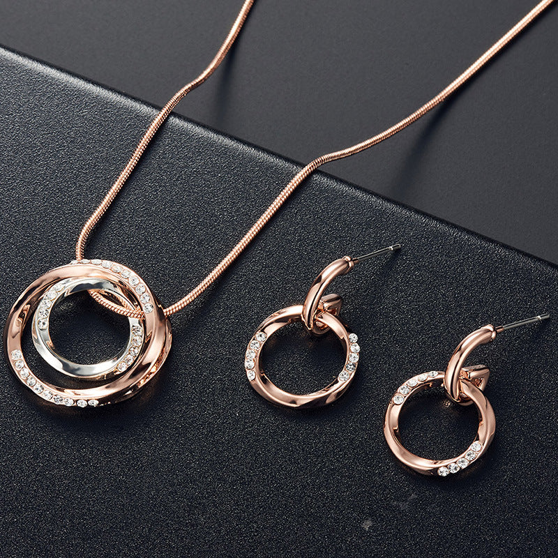 Style Popular Wedding Personalized Circle Bright Alloy Diamond Two-color Jewelry Set