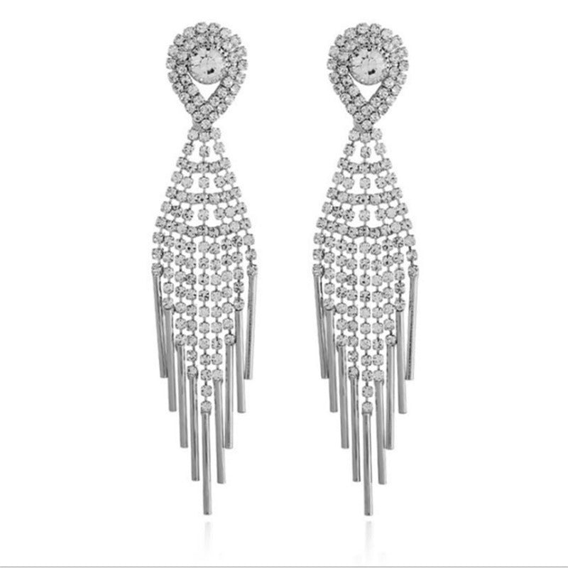 Women's Elegant Long Face Sier Needle Water Drop Tassel Super Earrings