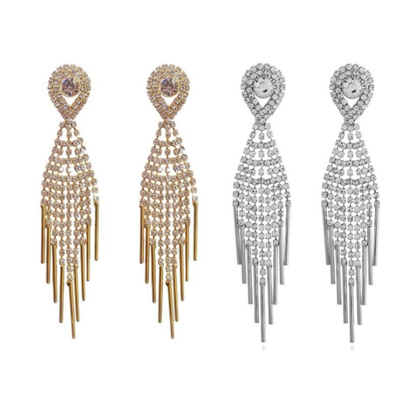 Women's Elegant Long Face Sier Needle Water Drop Tassel Super Earrings