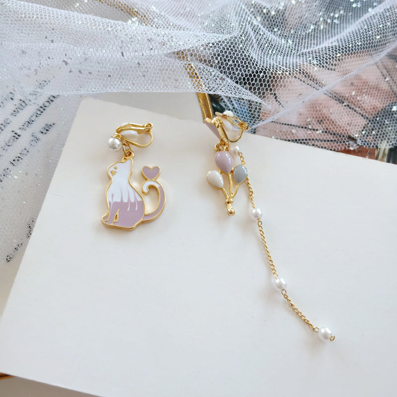 Balloon Cat Ear Long Chain Pearl Earrings