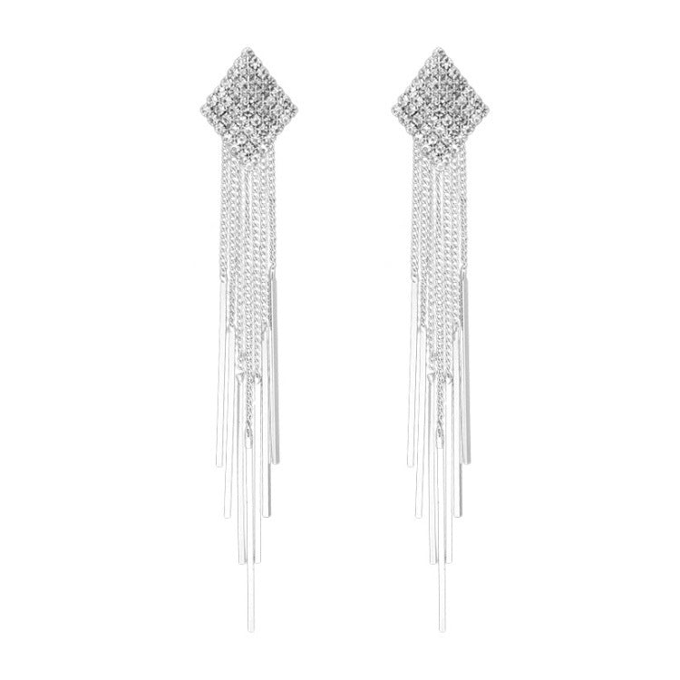 Women's Elegant Long Face Sier Needle Water Drop Tassel Super Earrings