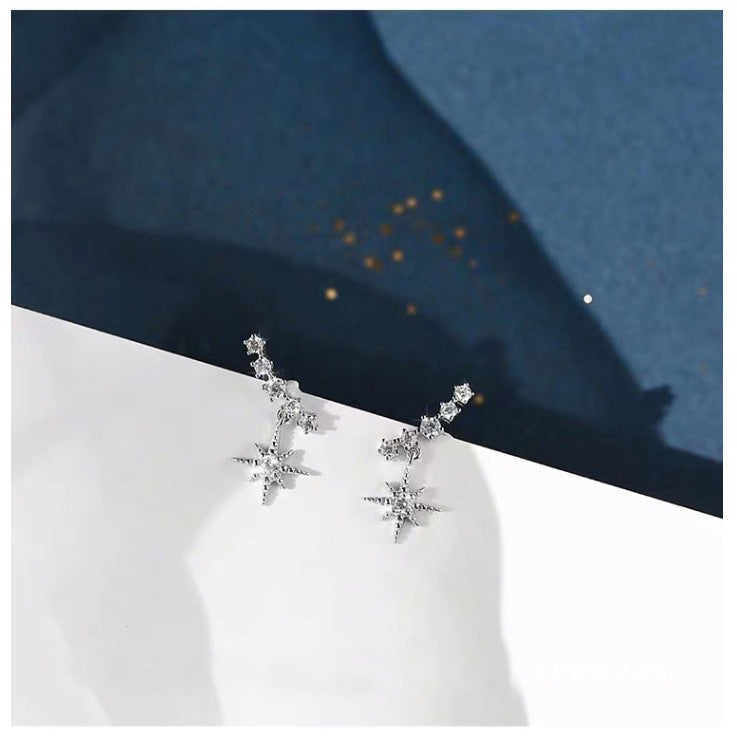 Sier Elegant Personality Rhinestone Star Korean Earrings