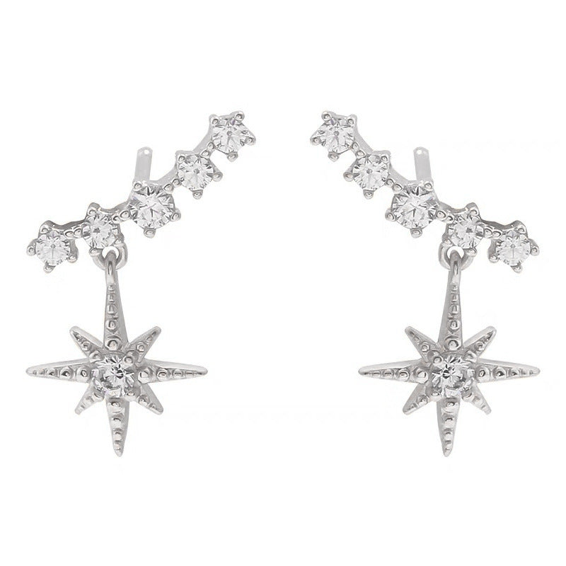 Sier Elegant Personality Rhinestone Star Korean Earrings