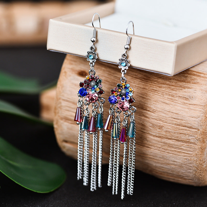 Chinese Style Long Crystal Chain Pattern Earrings