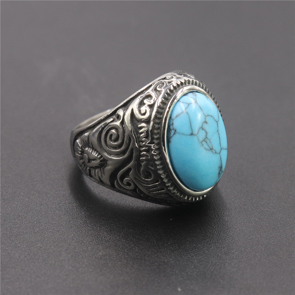 Men's Retro Series Turquoise Pattern Titanium Steel Rings