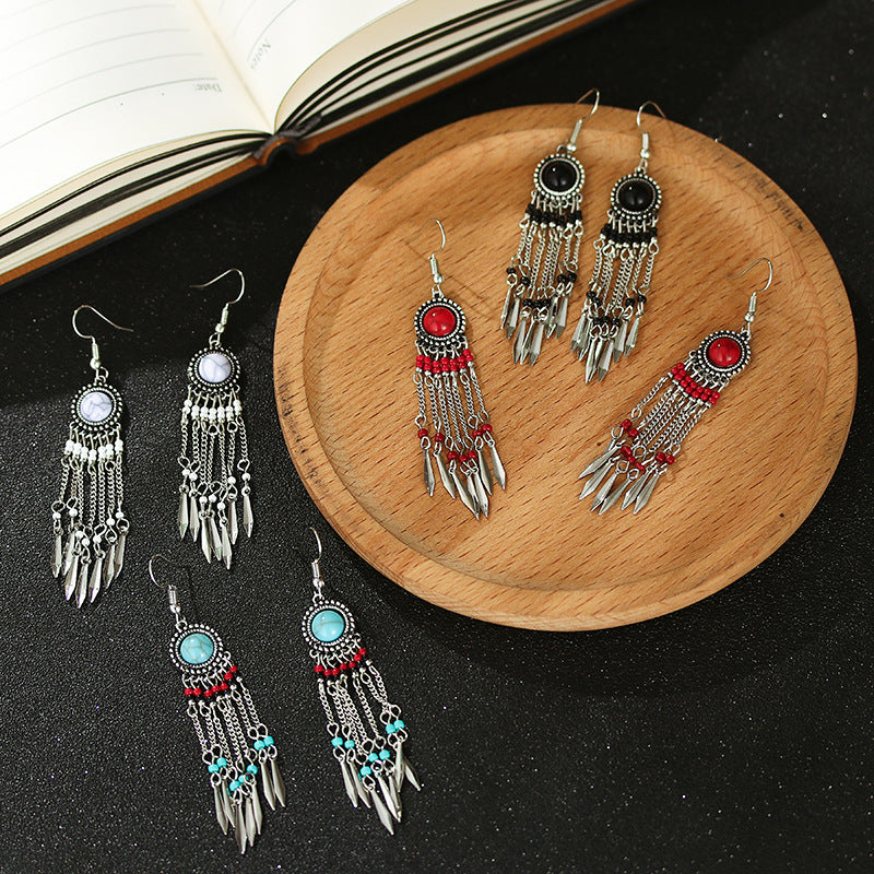 Women's Long Chain Tassel Retro Turquoise Fashion Antique Bead Earrings