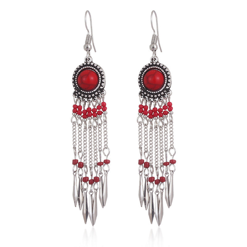 Women's Long Chain Tassel Retro Turquoise Fashion Antique Bead Earrings