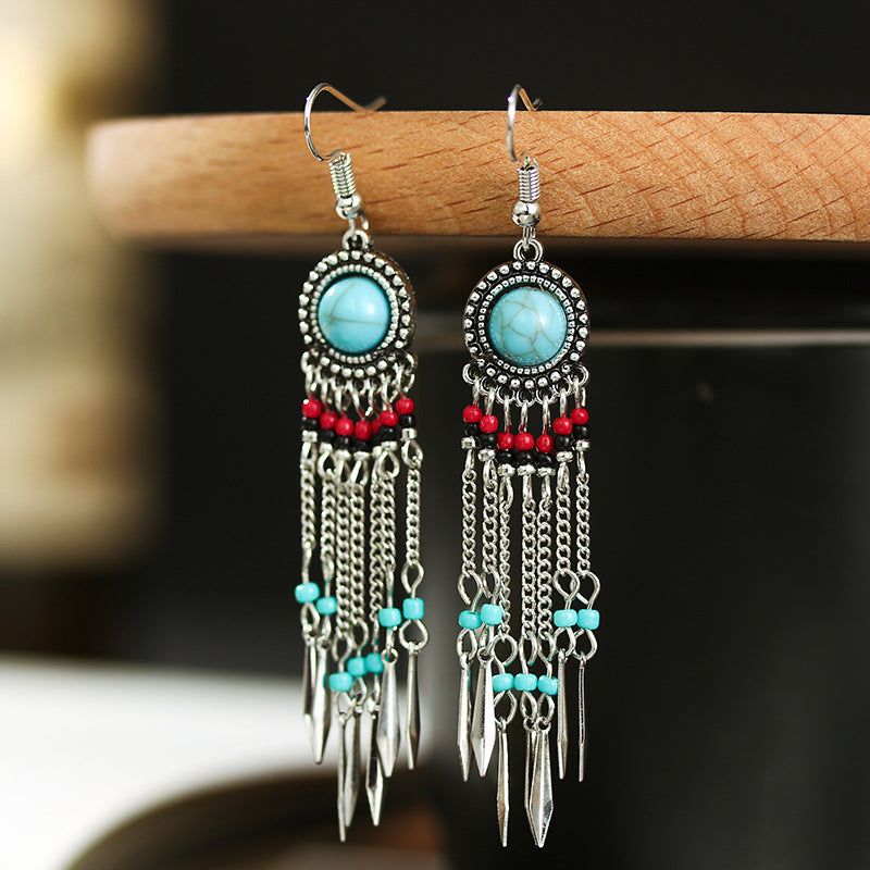 Women's Long Chain Tassel Retro Turquoise Fashion Antique Bead Earrings
