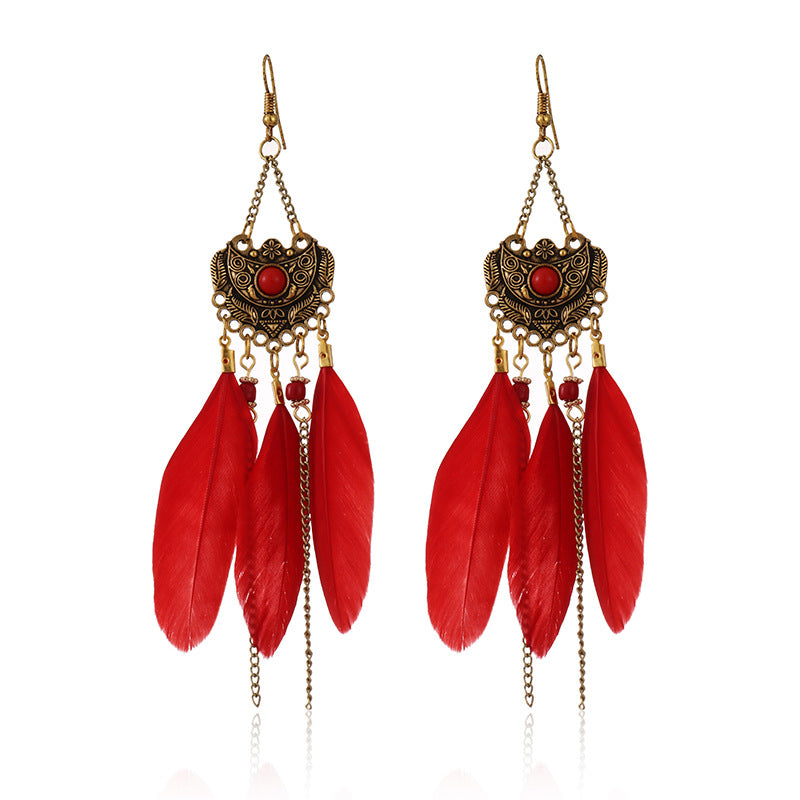 Court Style Fan-shaped Diamond Feather Long Personalized Earrings