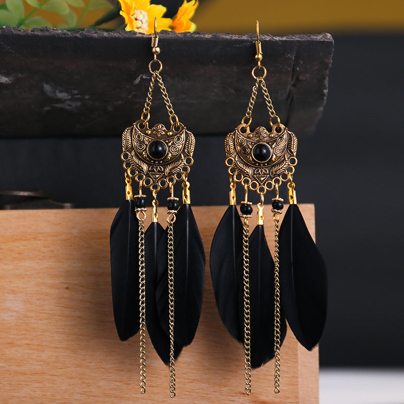 Court Style Fan-shaped Diamond Feather Long Personalized Earrings