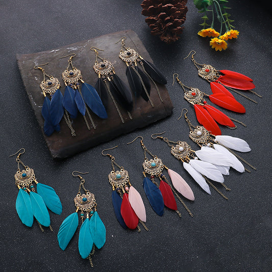 Court Style Fan-shaped Diamond Feather Long Personalized Earrings