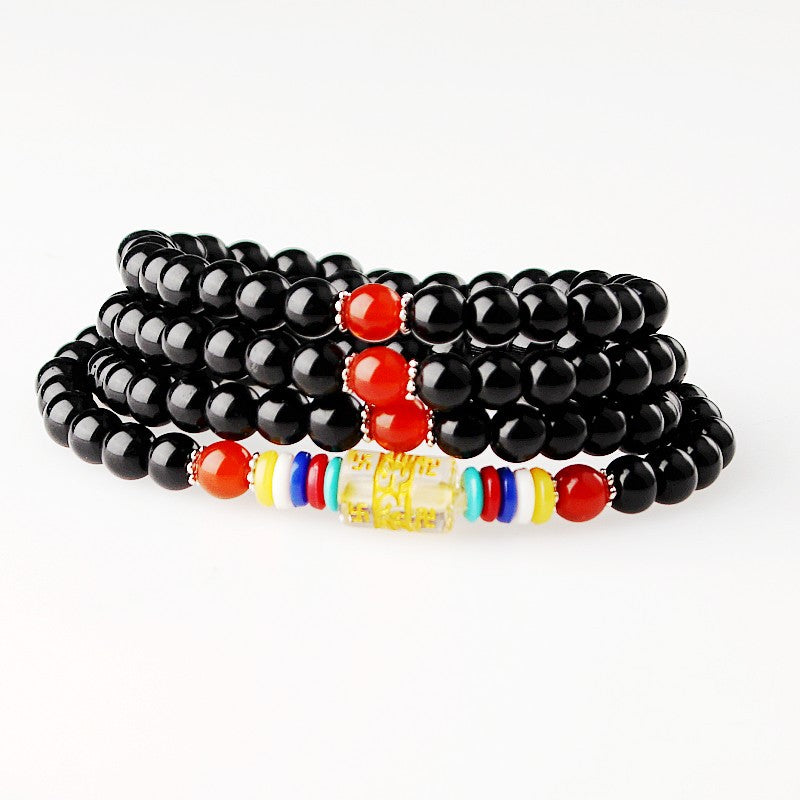 Six Words Mantra Four Imitation Garnet Obsidian Agate Bracelets