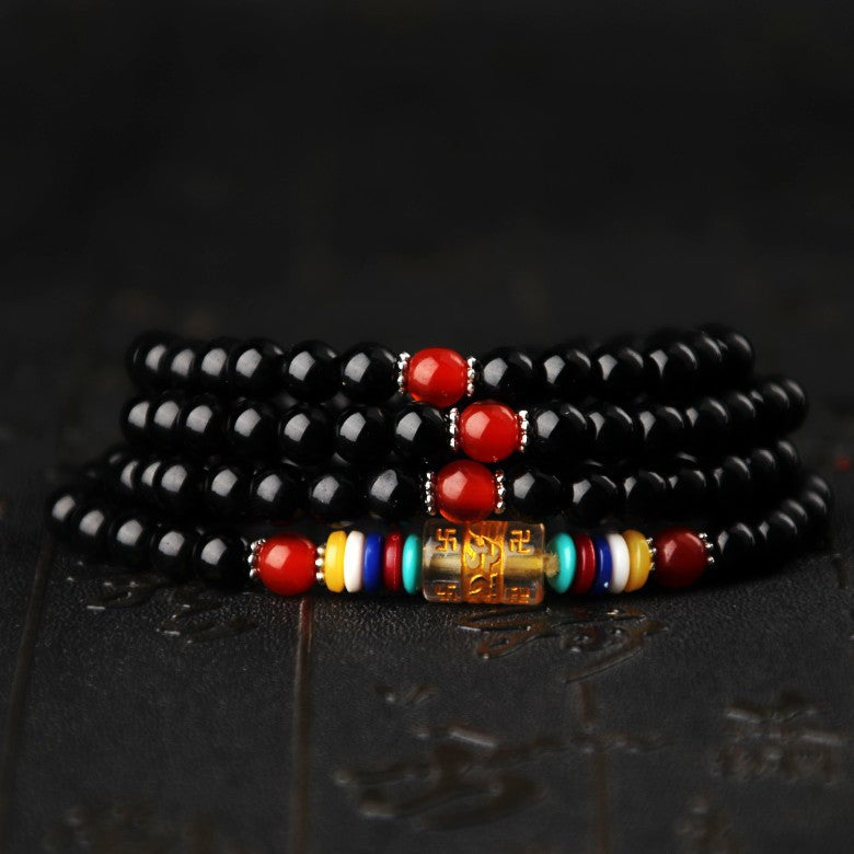 Six Words Mantra Four Imitation Garnet Obsidian Agate Bracelets