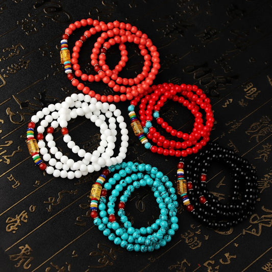 Six Words Mantra Four Imitation Garnet Obsidian Agate Bracelets