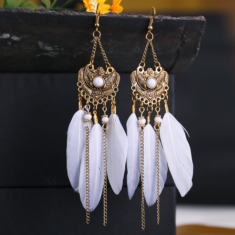 Court Style Fan-shaped Diamond Feather Long Personalized Earrings