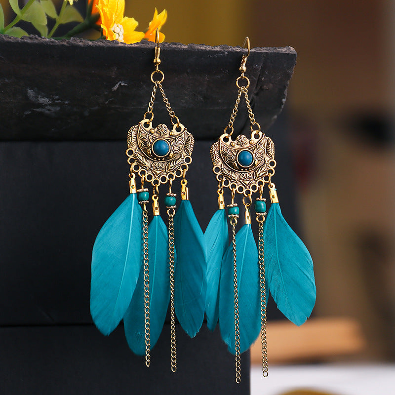 Court Style Fan-shaped Diamond Feather Long Personalized Earrings