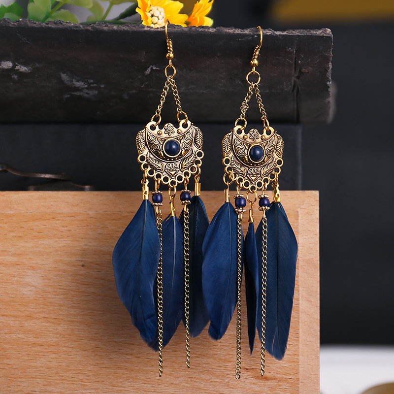 Court Style Fan-shaped Diamond Feather Long Personalized Earrings