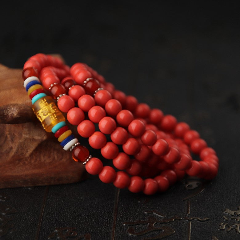 Six Words Mantra Four Imitation Garnet Obsidian Agate Bracelets