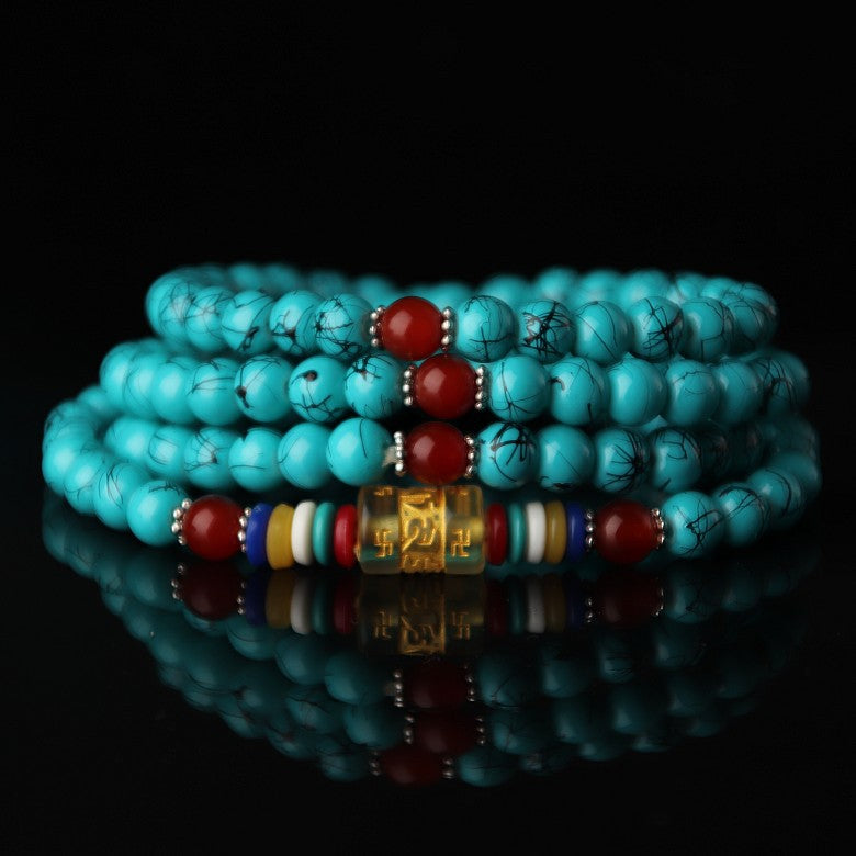 Six Words Mantra Four Imitation Garnet Obsidian Agate Bracelets