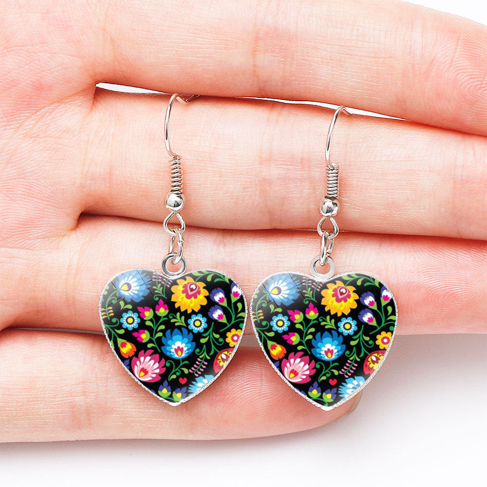 Heart-shaped Polish Style Folk Art Pattern Earrings