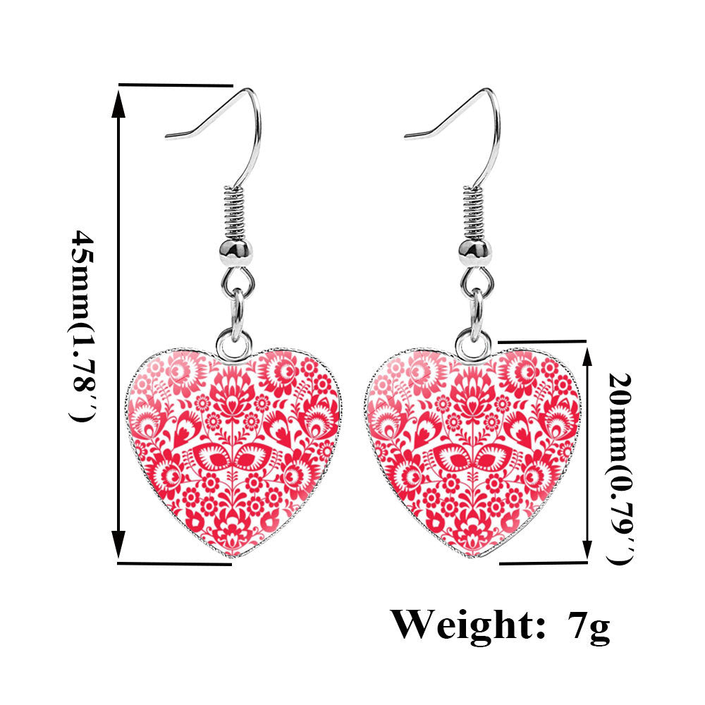 Heart-shaped Polish Style Folk Art Pattern Earrings
