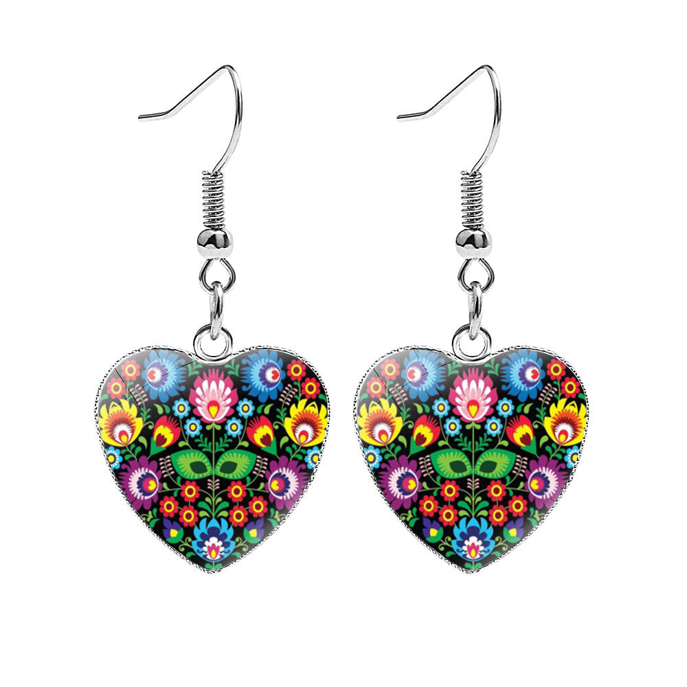 Heart-shaped Polish Style Folk Art Pattern Earrings