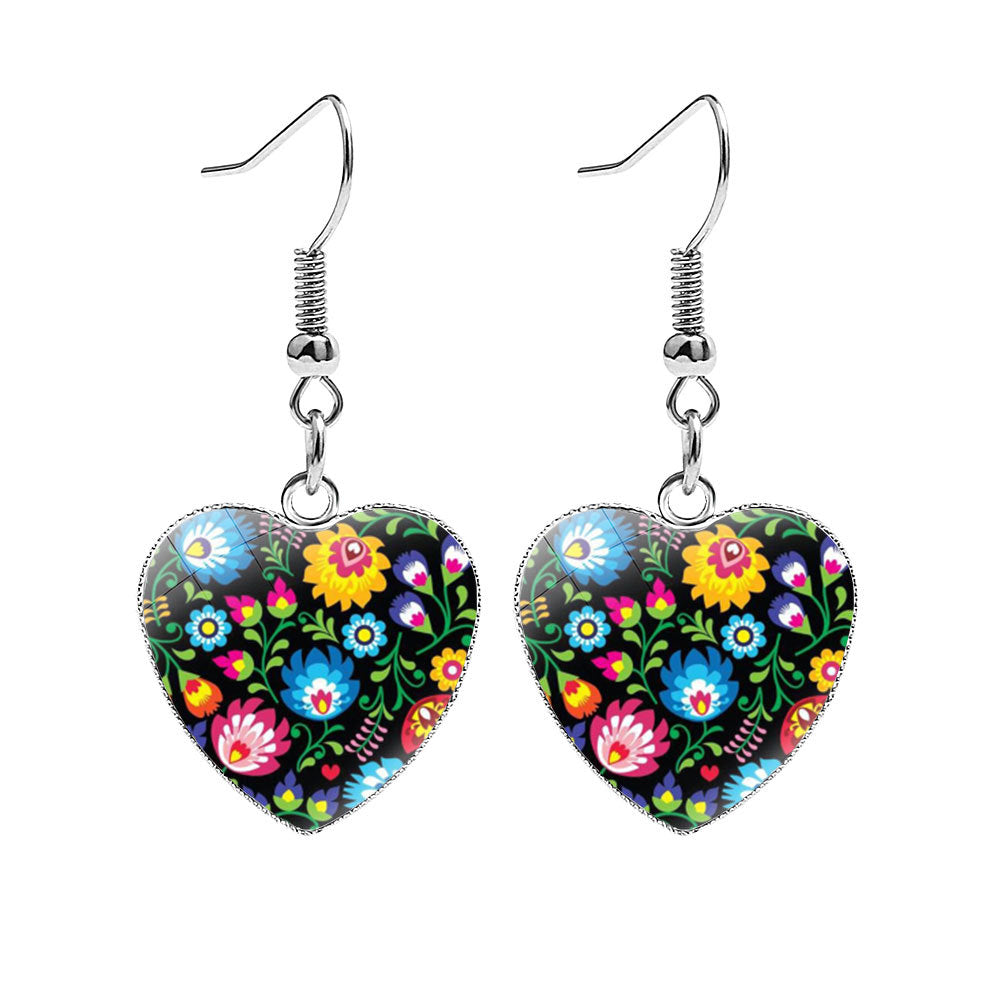 Heart-shaped Polish Style Folk Art Pattern Earrings