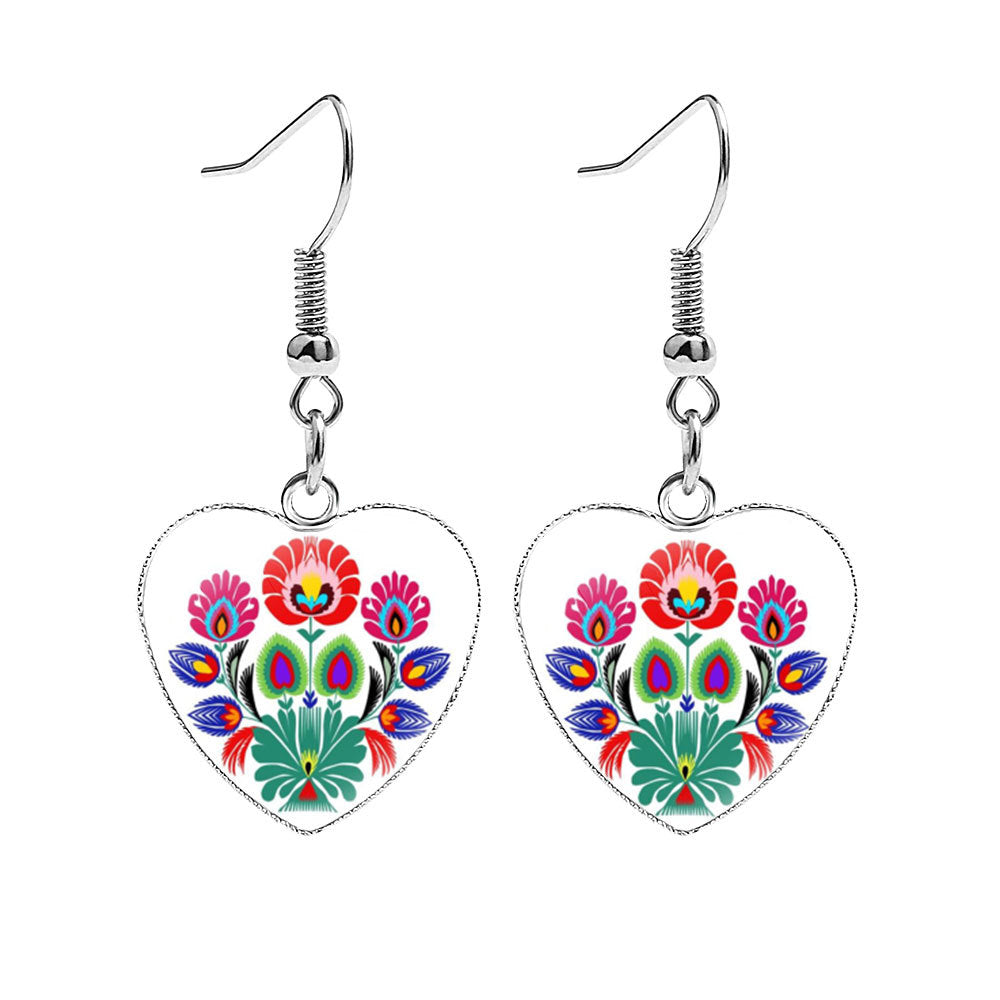 Heart-shaped Polish Style Folk Art Pattern Earrings