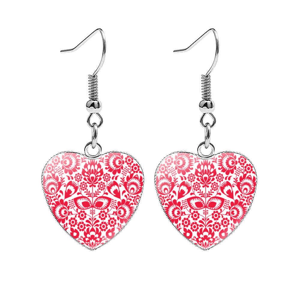 Heart-shaped Polish Style Folk Art Pattern Earrings