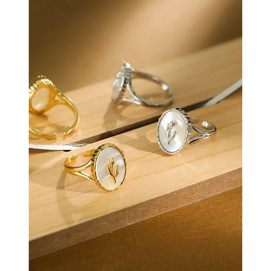 Women's Tulip Open Geometric Ellipse Fritillary Shell Rings