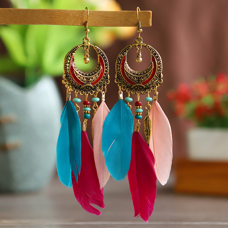 Women's Crescent-shaped Long Wine Red Feather Tassel For Retro Earrings