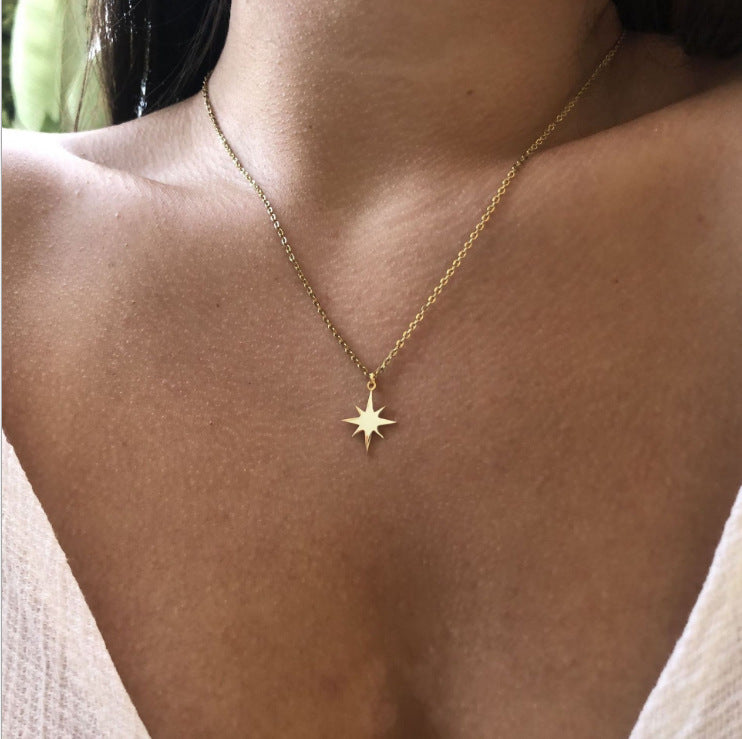 Six-pointed Star Compass Titanium Steel Gold-plated Necklaces