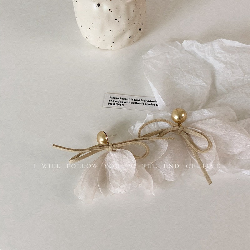 Mori Style Fabric Ribbon Bowknot Sier Earrings