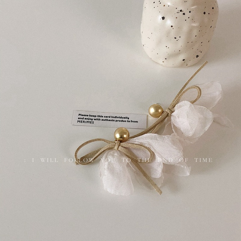 Mori Style Fabric Ribbon Bowknot Sier Earrings