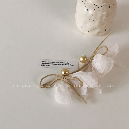 Mori Style Fabric Ribbon Bowknot Sier Earrings