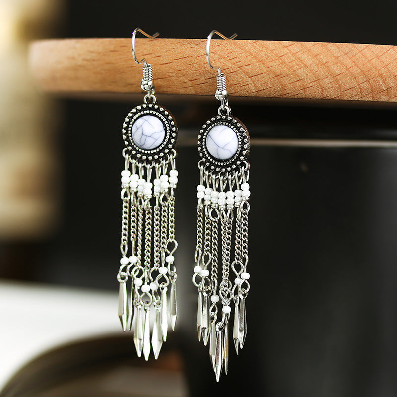 Women's Long Chain Tassel Retro Turquoise Fashion Antique Bead Earrings