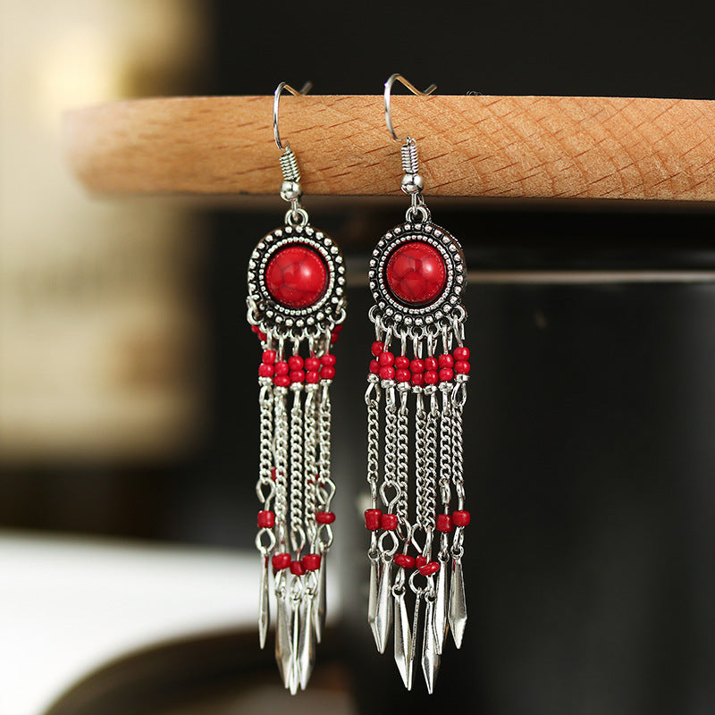 Women's Long Chain Tassel Retro Turquoise Fashion Antique Bead Earrings