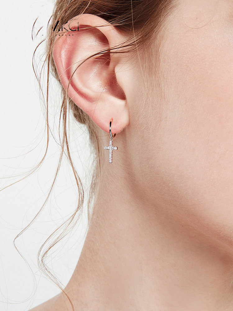 Sier Personality Cross Diamond Female Trendy Earrings