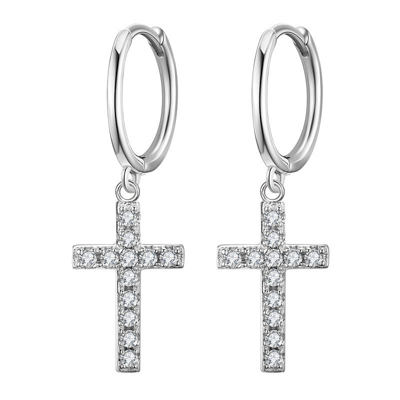 Sier Personality Cross Diamond Female Trendy Earrings