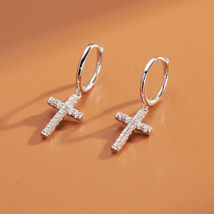Sier Personality Cross Diamond Female Trendy Earrings