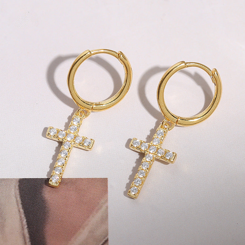 Sier Personality Cross Diamond Female Trendy Earrings