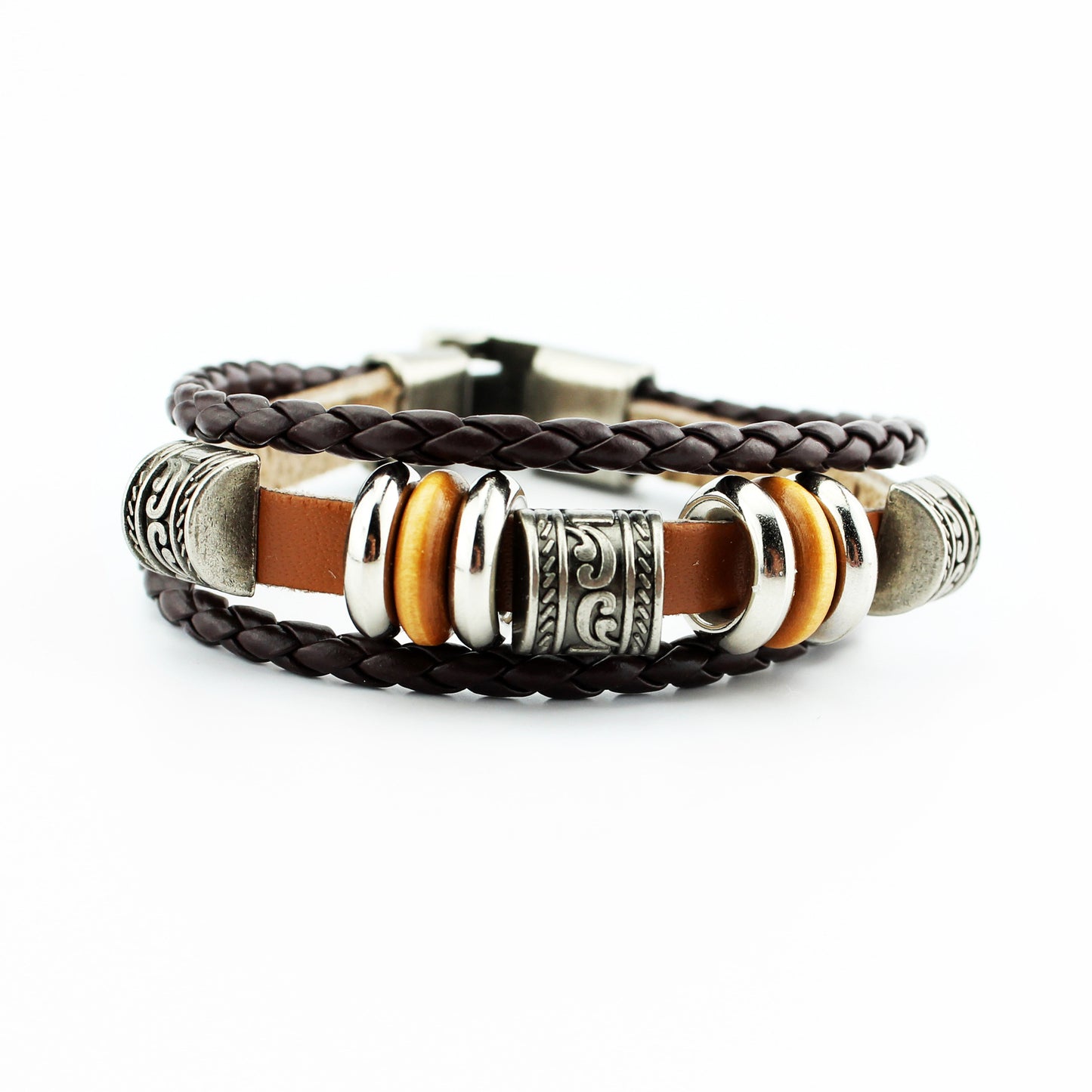 Men's Genuine Leather Charm Vintage Weave Beaded Bracelets