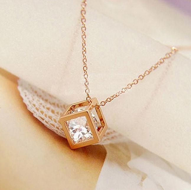 Three-dimensional Love Cube Crystal Zircon Square Necklaces