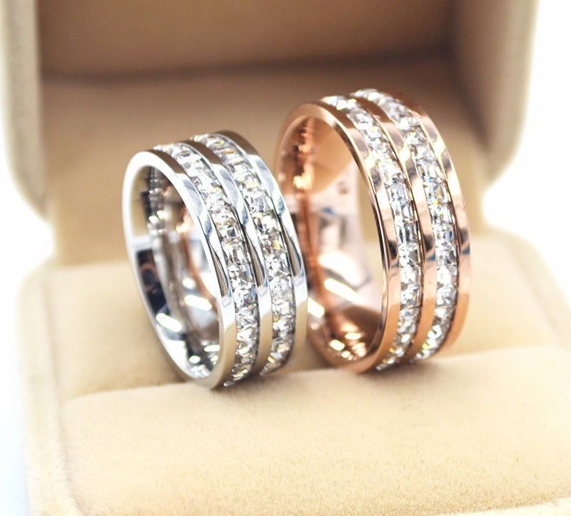 Titanium Steel Small Square Full Rhinestone Zircon Rose Gold Rings