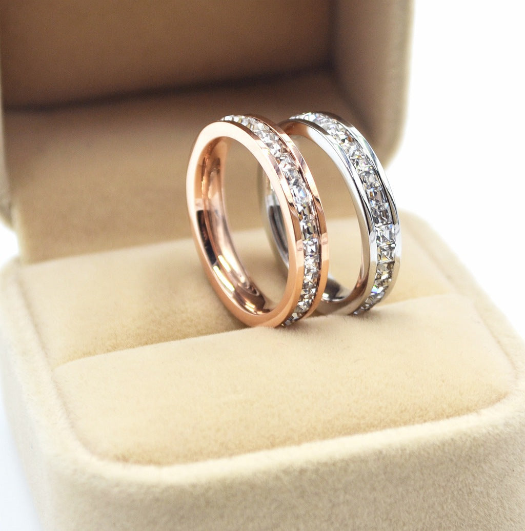 Titanium Steel Small Square Full Rhinestone Zircon Rose Gold Rings
