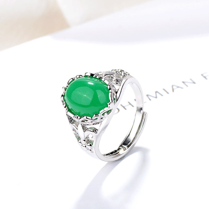 Chalcedony Female Diamond Green Agate Open Simple National Rings