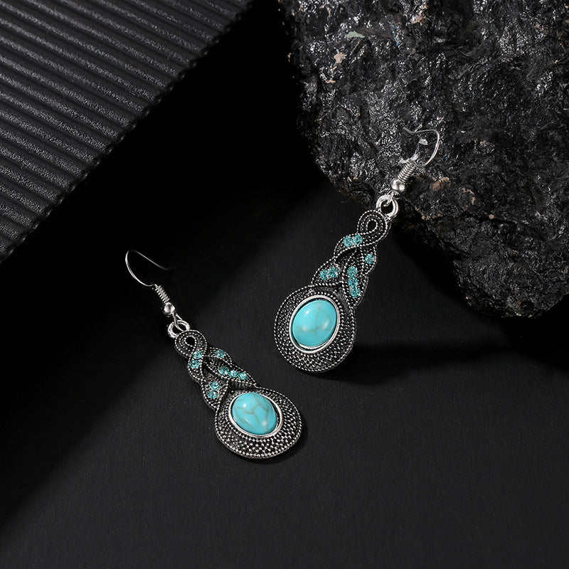 Retro Set Blue Crystal Inlaid Turquoise Earrings
